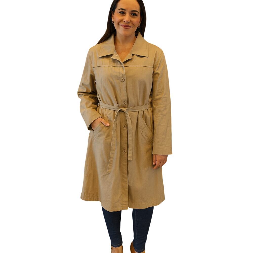 London fog vintage sherpa lined sz 14 bleted trench coat midi khaki neutral EUC